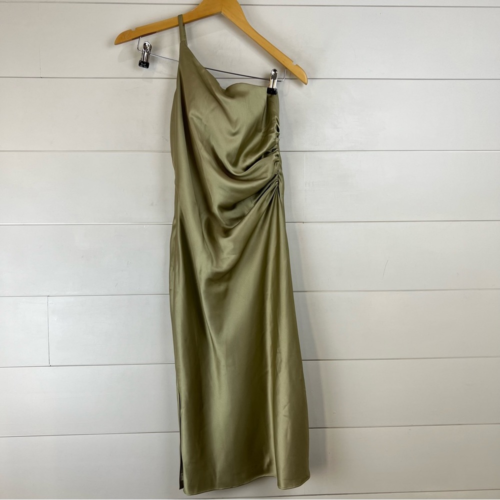REVELRY 2 Jade One Shoulder Satin Midi Dress Silver Sage